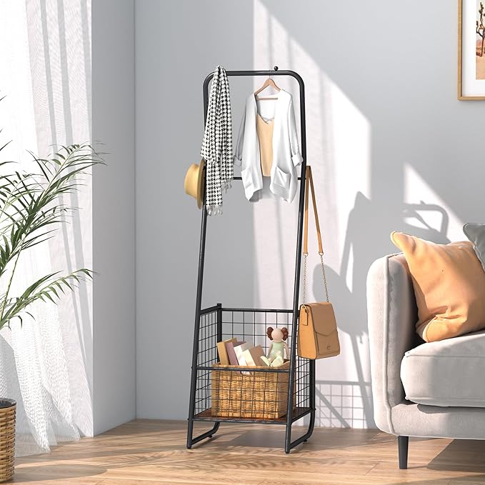 VECELO Metal Coat Rack Stand with Anti-Drop Design, Space Saving Hall Trees with Steel Basket,Small Garment Organizer with 2 Handy Cloth Rails and Slipper Space, Rectangle, Rustic Brown
