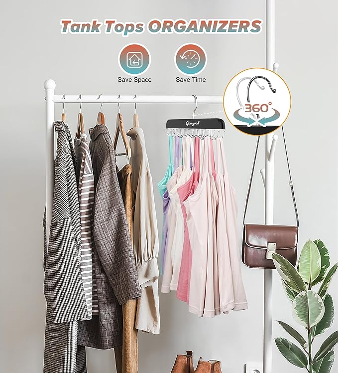 Bra Hanger for Closet, 1 Pack Tank Top Hanger w/20 Hooks Capacity Foldable Wood Space Saving Hangers, 360°Rotating Closet Organizers and Storage for Dorm & Apartment for Bra Scarf Ties(Black)