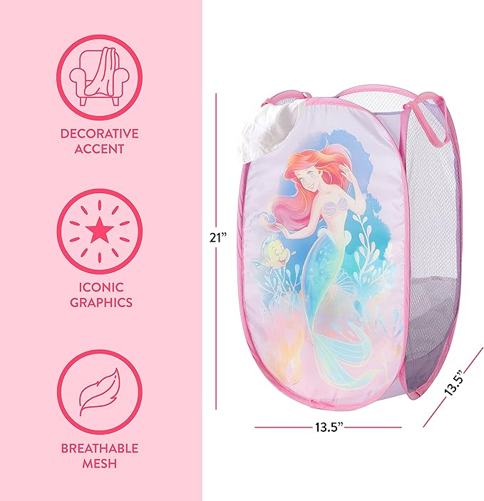 Disney Little Mermaid Ariel Pop-Up Hamper,Collapsible Laundry Basket with Sturdy Handles, 21x13.5x13.5, Lightweight Storage for Kids' Bedroom or Bathroom