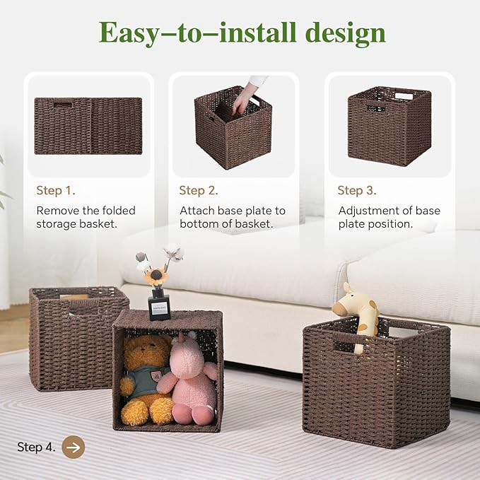 Woven Wicker Storage Baskets 4-Pack, 11x11 Handwoven Paper Rope Organizer Bins, Foldable Cube Storage Cubes with Built-in Handles for Shelves and Closet Organization(Dark Brown）