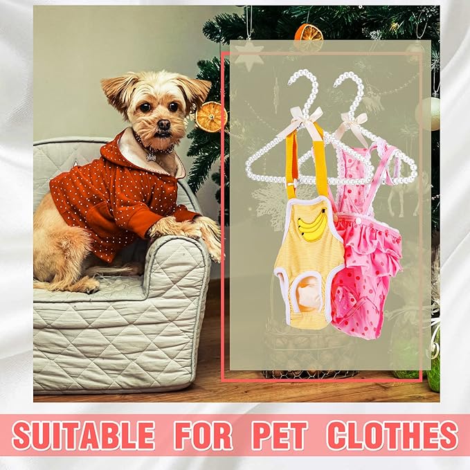 Threan White 24 Pcs Pearl Beaded Clothes Hanger Mini Pearl Beads Small Metal Clothes Hangers with Ribbon Standard for Kids Baby Children Pet Dog