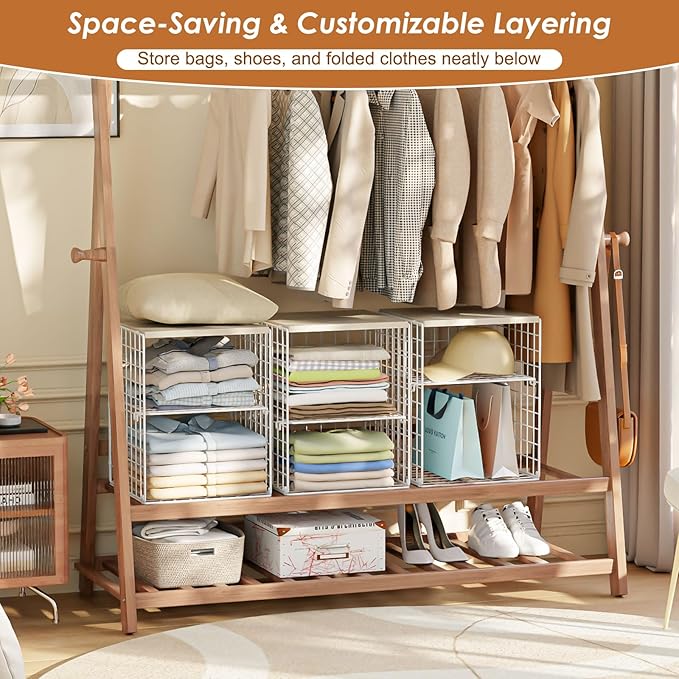 4-Tier Stackable Closet Organizers and Storage, Adjustable Dividers & Wood Top Storage Shelves for Clothes, Wardrobe & Closet Storage Basket Bins/Cube, Space-Saving Closet Organizer System, White