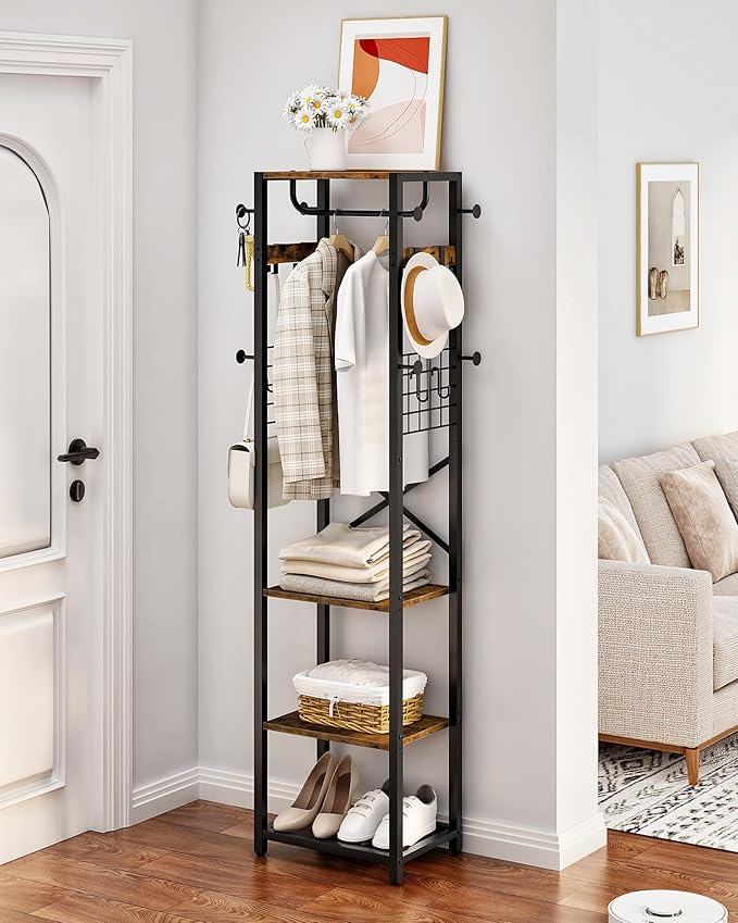 Coat Rack with Shelves, Freestanding Hall Tree, Coat Tree with 16 Hooks and Hanging Rail, Industrial Clothes Stand for Entryway, Hallway, Bedroom, Rustic Brown and Black TYM18BF