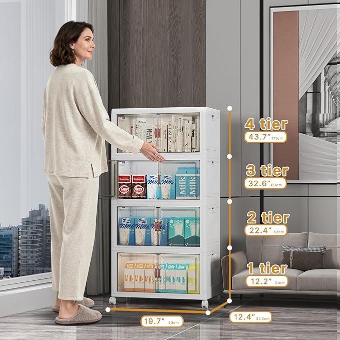 Extra Large Stackable Storage Bins, Lockable Storage Bins with Lids, Folding Storage box with Doors and Wheels, Collapsible Plastic Drawers for Home, Garage, Office (4, White, Medium)