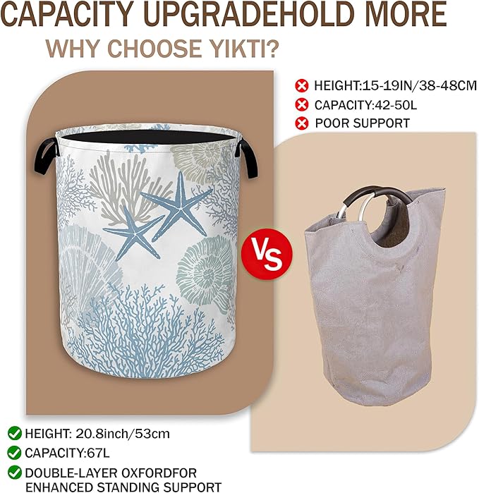 Collapsible Laundry Basket,Coastal Beach Dirty Clothes Hamper,Watercolor Shell Starfish Coral Hampers for Bedroom Waterproof Oxford Cloth Storage Organizer for Bathroom,Nursery,Dorm,16x20 Inch
