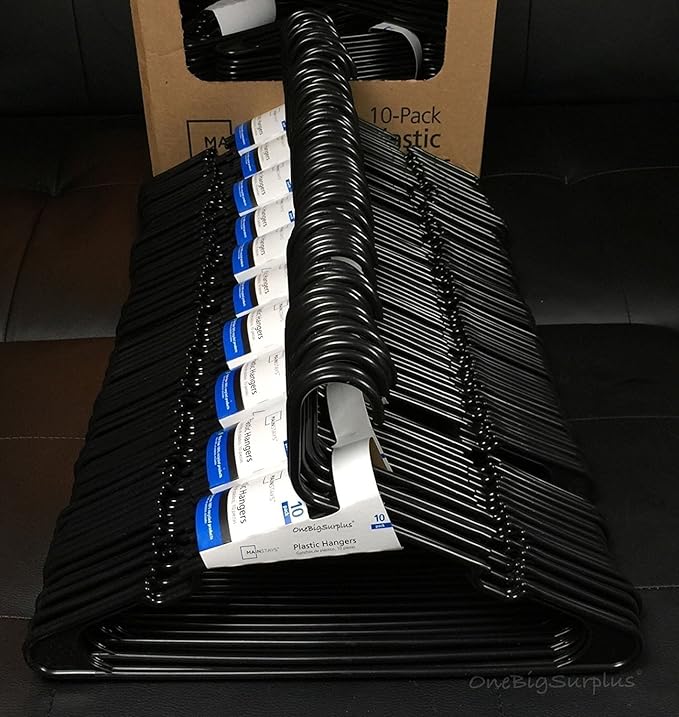 Lot 100 Mainstays Plastic Tubular Slotted Black Adult Clothing Clothes Hangers