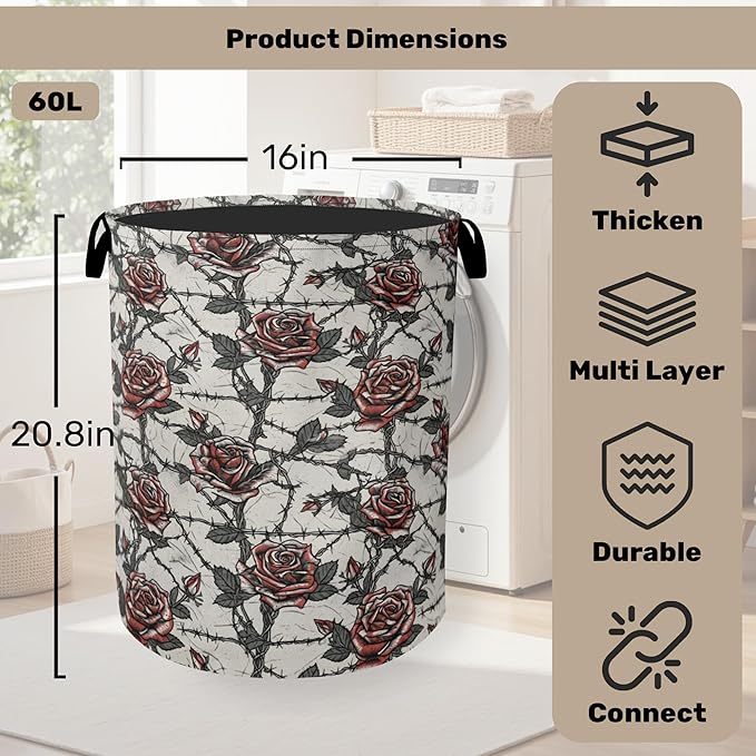 Gothic Thorn Rose Laundry Basket with Handles - Extra Large Foldable Hamper for Bathroom/Laundry/Bedroom/Dorm, Washable Fabric Storage Bin