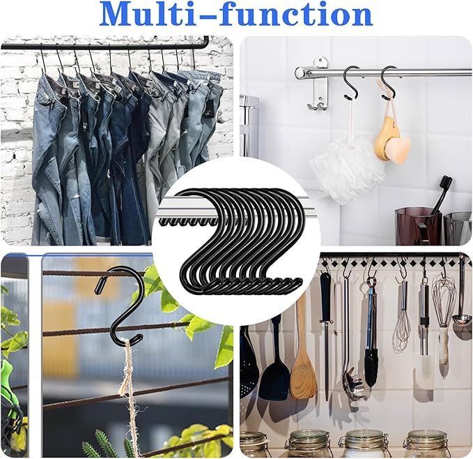3 Inch 12 Pack Small S Hooks,Heavy Duty S Hook for Hanging Plants,Vinyl Coated Non Slip Black S Hook Pot Rack Closet Hooks for Hanging Clothes, Kitchen Utensil, Pots, Pans, Bags ﻿