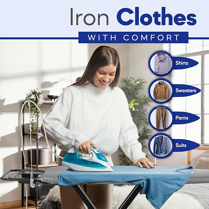 Extra-Wide Ironing Board – 48"×18" Large Surface (57" w/Iron Rest) • Built-in Clothes Rack, Hanger & Cord Holder • Heat-Resistant Cover • Heavy-Duty, No Wobble • Adjustable Height • Black Grey.
