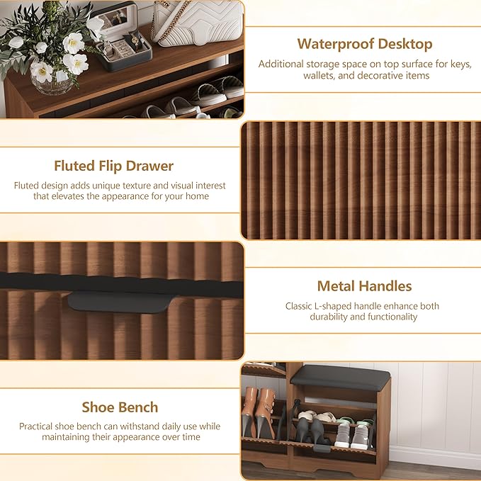 Shoe Cabinet Storage for Entryway with 4 Flip Drawers, Walnut Fluted Shoe Cabinet with Bench, Wooden Hidden Shoe Rack Freestanding Narrow Slim Shoes Storage Organizer for Hallway, Entrance