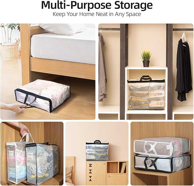 Vieshful 6 Pack Clear Storage Bags for Clothes, 19.3" × 15.4" × 8.3" Clear PVC Mesh Clothing Organizers with Zipper for Blankets, Clothes, Bedding, Sweater, Toys & Closet Storage, 40L Black