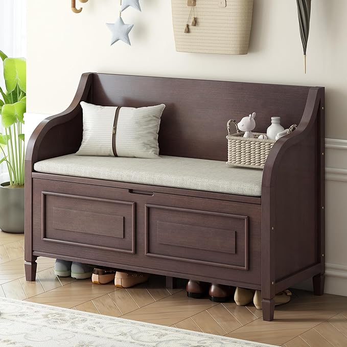 42" Rustic Storage Bench Entryway Bench Shoe Cabinet Ottoman with Safety Hinge, Removable Seat Cushion & Hidden Storage Space for Hallway Entryway Living Room Mudroom End of Bed (Espresso)