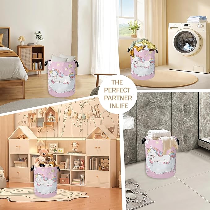 Laundry Hamper,Cute Unicorn Laundry Basket,Girls Pink Stars Portable Collapsible Laundry Room Organization Storage for Dorm Room,Nursery,Bathroom,Bedroom,16x20 Inch