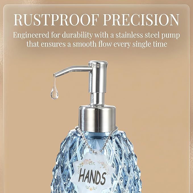 MALACHI Soap Dispenser Set, Crystal-Textured Diamond Glass with Rustproof Stainless Steel Pump, Dual-Labelled Hand & Dish Soap Dispenser for Kitchen & Bathroom