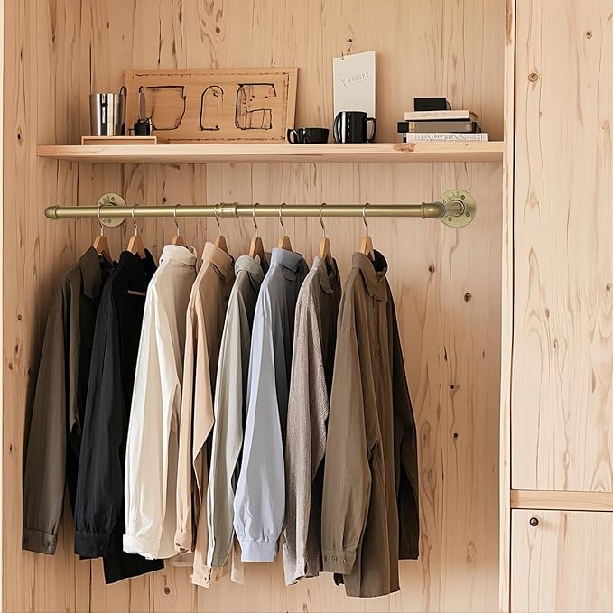 AddGrace Industrial Iron Pipe Clothing Garment Rack Wall Mounted Closet Rod Retail Display Rack Closet Storage Clothes Organizer Gold