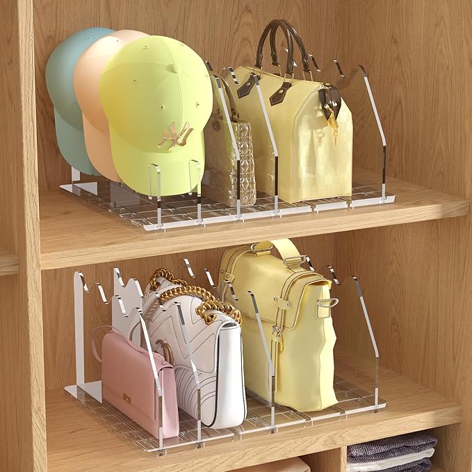 purse organizer for closet Sleek Transparent Acrylic Adjustable Organizer -shelf dividers Multifunctional for Home & Office Spaces (4 Baffles + 1 Hat Stand)