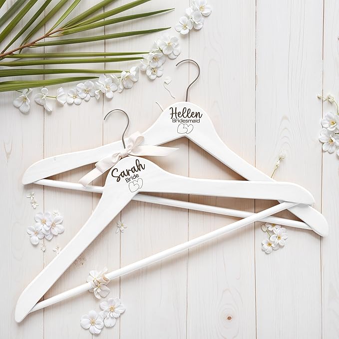 Personalized Bride and Groom Hangers With Custom Name and Date - Engraved Wood Bridal Party Hangers, Bridesmaid Gifts, Wedding Dress Hanger - White - 2 Pack