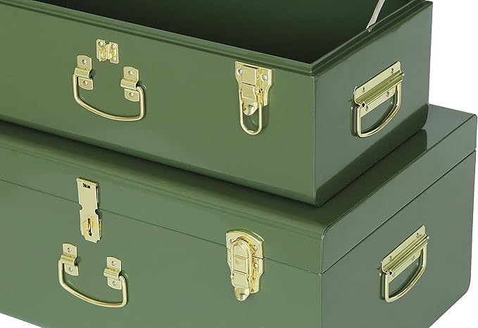 Vixdonos Metal Trunk Decorative Storage Box Set of 2 College Dorm Chest with Handle (Green)