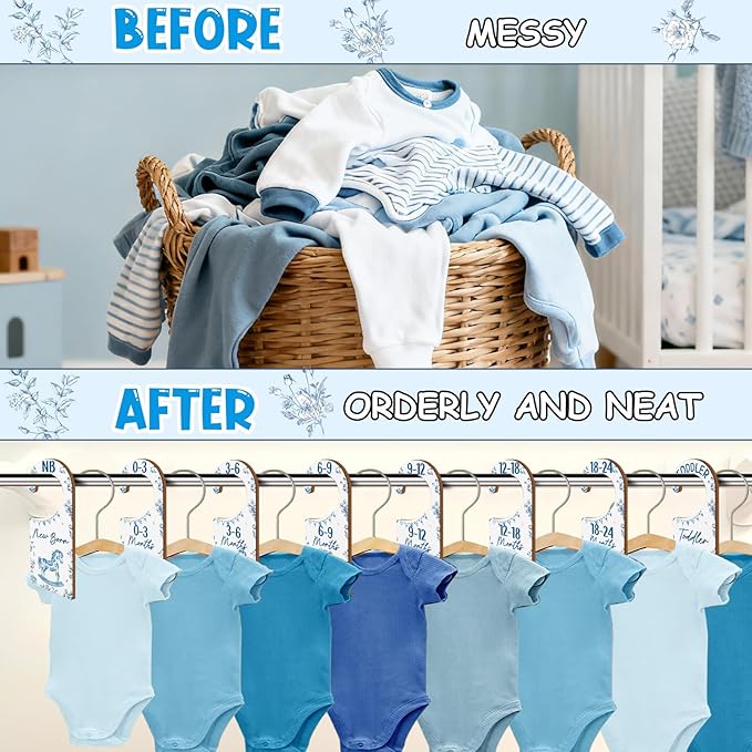 Baby Closet Dividers 8PCS, Blue Toile Themed Wooden Double-Sided Clothes Size Hanger/Organizer from Newborn to Toddler for Nursery Decor Baby Shower Birthday Gender Reveal Party Gift