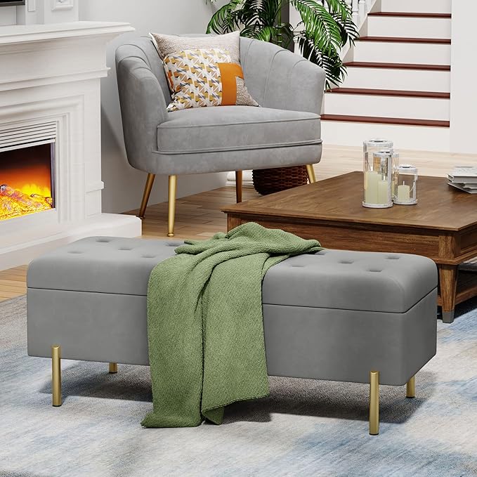Andeworld Velvet Storage Bench, Modern Bedroom Bench, Upholstered Tufted Large Settee Ottoman with Storage Bench for Bedroom,Living Room,Entryway,Grey