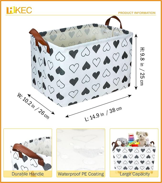 Rectangle Black Heart Print Storage Basket Empty with Handles, Kids Toys/Books Box, Gift Basket, Room Decor(Black Heart)