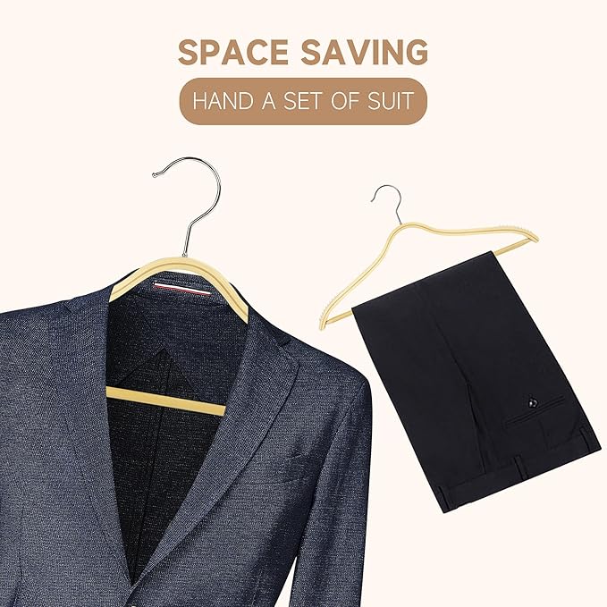 12-Pack Slim Wooden Hangers with Non-Slip Rubber Grips, Birch Plywood Hangers with Wood Pants Bar, Durable Space-Saving, Swivel Hook, No Shoulder Bumps for Shirts, Sweaters, Jackets & Dresses