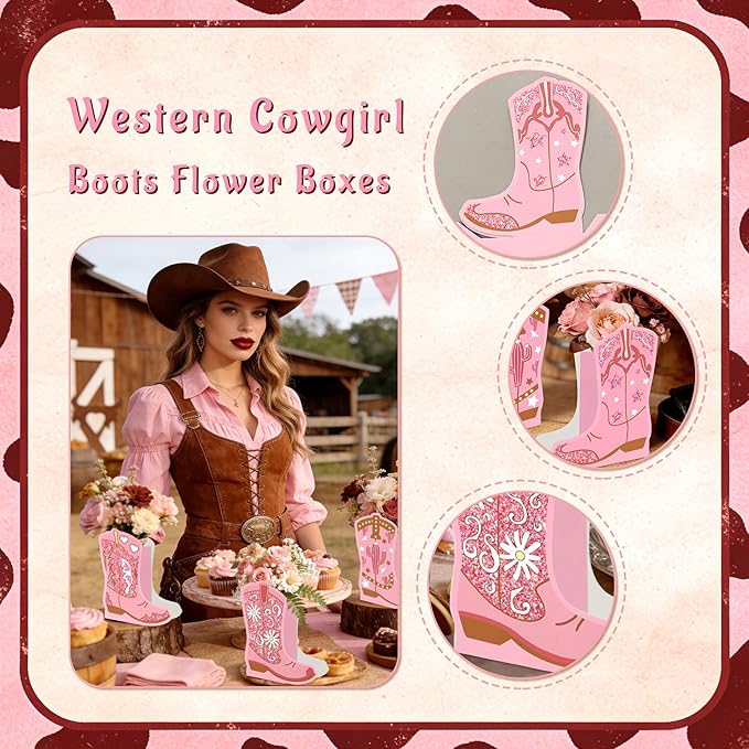 JeVenis 12 PCS Western Cowgirl Boots Flower Boxes Centerpiece Boot Shape Gift Boxes Party Decoration Vase Pink Centerpieces Boot Rodeo Birthday Baby Shower Wedding Supplies