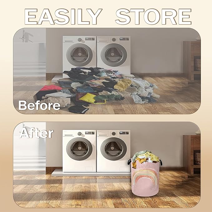 Glitter Rainbow Laundry Hamper,Girls Princess Pink Clothes Hamper for Laundry,Waterproof Oxford Toy Storage Collapsible Hampers for Bedroom, Dorm Room,Bathroom,16x20 Inch