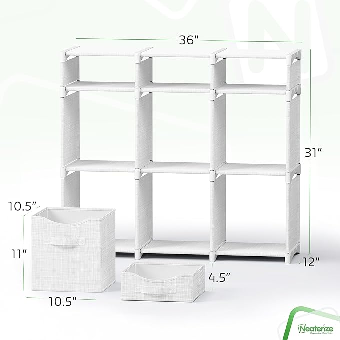 9 Cube Storage Organizer With Bins Included - Closet Storage With 9 Storage Bins - Easy To Assemble Storage Unit With Drawers - Closet Organization For Clothes, Bedroom, Nursery, & Toys (White-Grey)