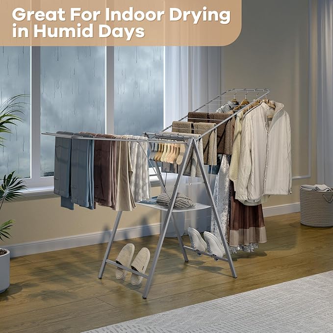 APEXCHASER Drying Rack Clothing, Clothes Drying Rack Foldable, Metal Laundry Drying Rack Collapsible for Sweater Towel Indoor & Outdoor, Height Adjustable Gullwing Clothes Airer, Grey