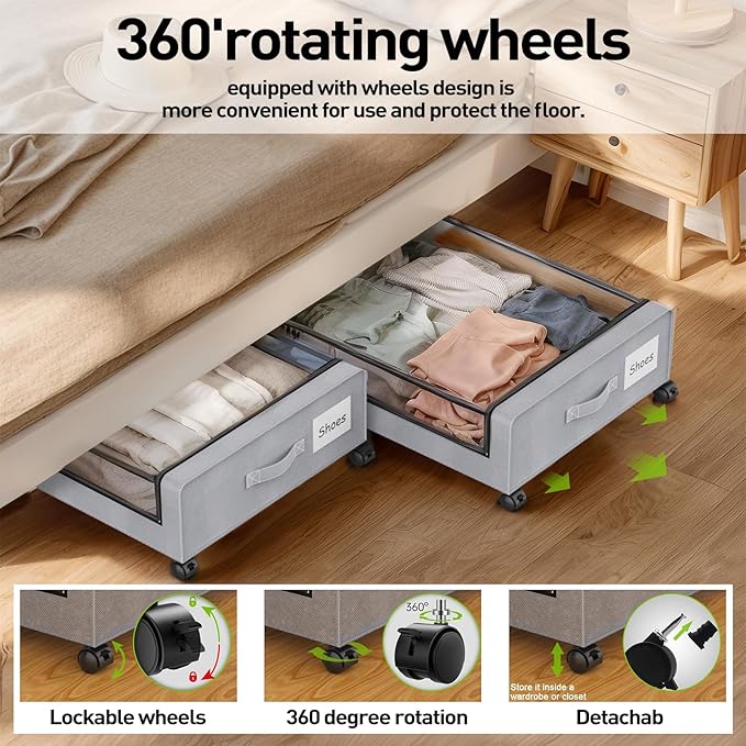 APSARAS USA Underbed Storage with Wheels, Under Bed Storage Containers with Clear Window, Rolling Drawers & Bins for Shoes Clothes in Dorm Bedroom, Easy Pull-out Black 2-Pack- Space-Saving