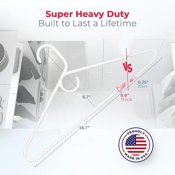 Neaties Super Heavy Duty Clothes Hangers 100 Pack (108 Count) – Made in the USA - 10lb Capacity, Thick Plastic Hangers for Pants, Coats, Jackets, Jeans and Adult Clothing – White & Pink