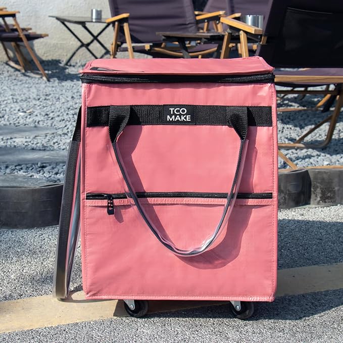 Reusable Grocery Bag on Wheels, Rolling Shopping Bags with Wheels and Handle, Folding Rolling Tote Trolley, Zipper Cover, Carries Up to 22 LBS, Easy Transportation (Small, Pink)
