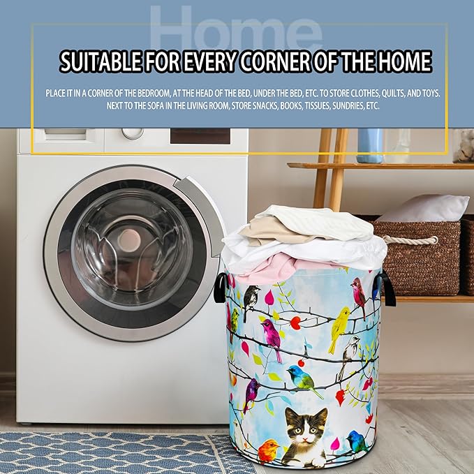 Cat Colorful Bird Laundry Basket Animal Foldable Oxford Cloth Funny Tote Bag Laundry Hamper Clothes Storage Bucket Toy Organizer For Bathroom/Laundry Storage/Bedroom 18.9x16.5 Inch