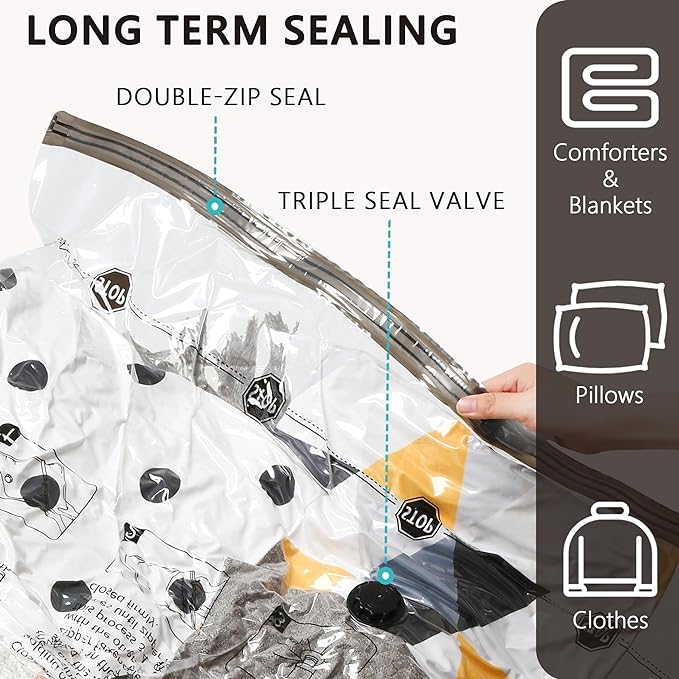 Vacuum Storage Bags, Compression Packing Space Saver Seal Bags for Clothing Bedding Comforters Blankets Pillows, 8 Medium