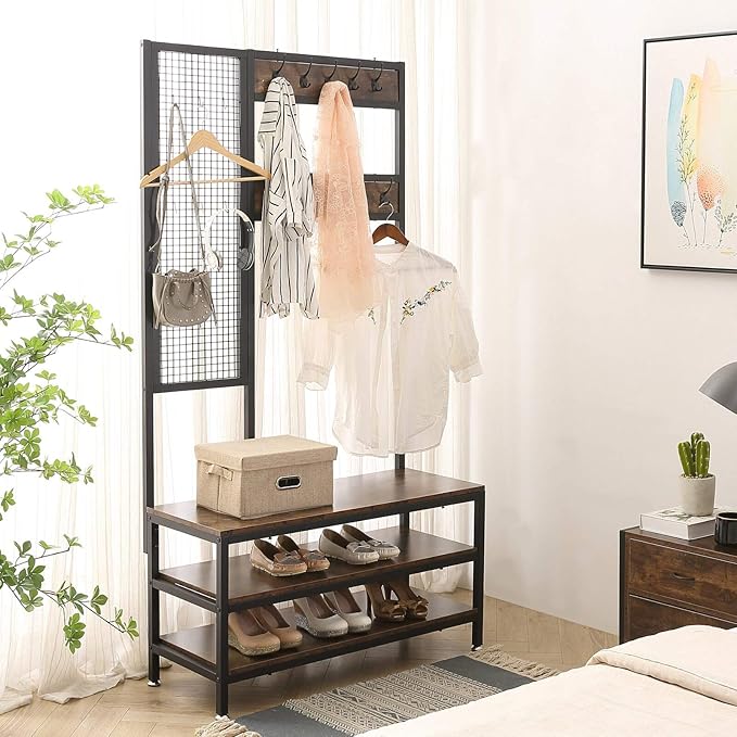 AJP Distributors Industrial Coat Stand Shoe Rack Bench + Grid Wall 3-in-1 Entryway Hall Tree 3-Tier Storage Shelves with 12 Hooks Hallway Hanger Organizer Metal Frame & Wood Look Accent Furniture