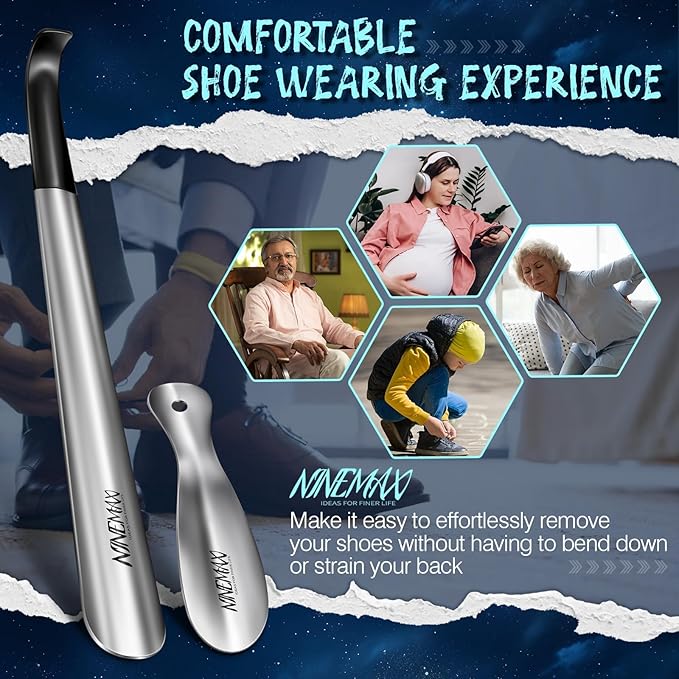 NINEMAX Extra Long Handle Shoe Horn (16.5") & (7.5") Travel Shoe Horns, 2 Pack Metal Shoe Horns for Seniors, Men, Women, Kids