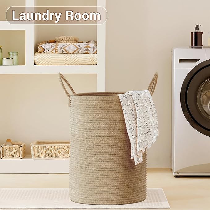 Tall Laundry Basket with Handles, 100L Portable Dirty Clothes Hamper, Boho Cotton Rope Storage Bin for Blankets Kids Toys Gifts, Extra Large Organizer for Baby Nursery Bedroom Bathroom, Jute