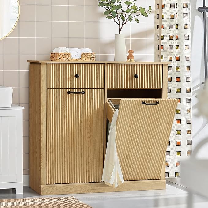 Grepatio Double Laundry Hamper, Tilt Out Laundry Hamper Cabinet, Fluted 22 Gallon Hidden Trash Can, Wooden Garbage Can Cabinet with 2 Drawer, Free Standing for Bathroom, Kitchen (Natural, Double)