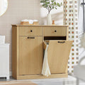Grepatio Double Laundry Hamper, Tilt Out Laundry Hamper Cabinet, Fluted 22 Gallon Hidden Trash Can, Wooden Garbage Can Cabinet with 2 Drawer, Free Standing for Bathroom, Kitchen (Natural, Double)