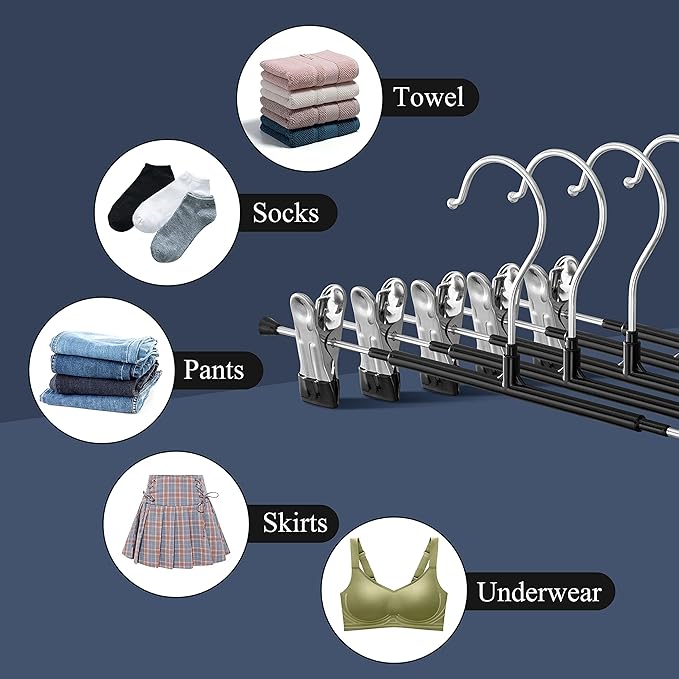 12 Pack Pants Hangers with Clips Adjustable Skirt Hangers for Women Black Metal Non-Slip Trousers Hanger Heavy Duty Space Saving Clothes Hangers for Shorts,Jeans,14Inch