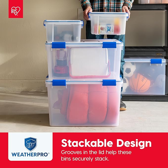IRIS USA WeatherPro 16 Qt Storage Bins with Lids, 3 Pack, BPA-Free Plastic Gasket Box with Tight Latch and Seal, Stackable Nestable Tote Tub - Clear/Blue