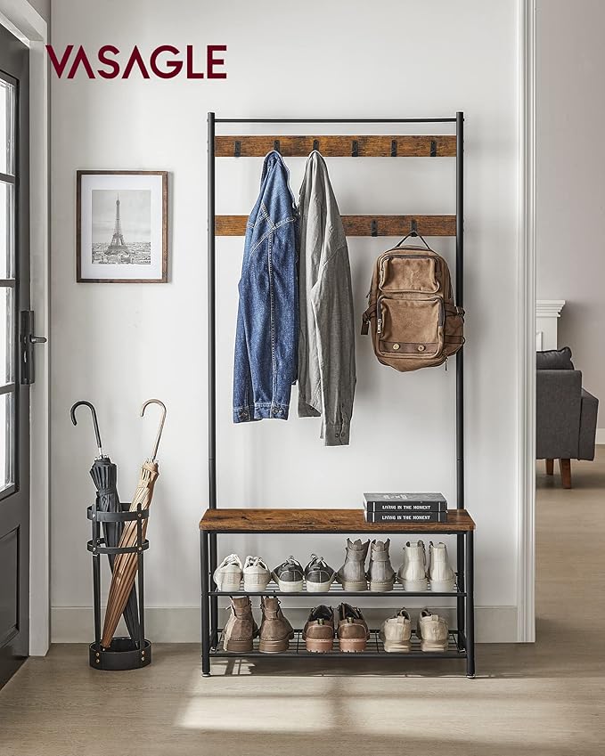 VASAGLE Coat Rack, Hall Tree with Shoe Storage Bench, Entryway Bench with Shoe Storage, 3-in-1, Steel Frame, for Entryway, 12.6 x 33.5 x 68.9 Inches, Industrial, Rustic Brown and Black UHSR401B01