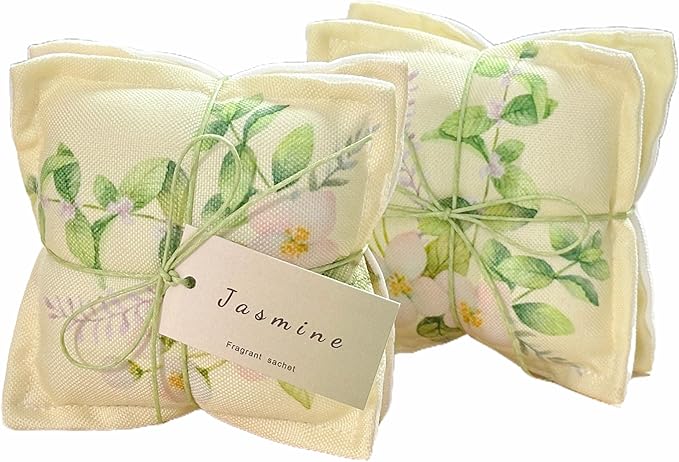 AUCUDA Spring 4pcs Jasmine Scented Sachet Bags for Drawers and Closets Decorations, Potpourri Packets for Women Clothes Storage, Spring Wedding Fragrance Pillow for Bedroom Indoor, Air Fresheners.