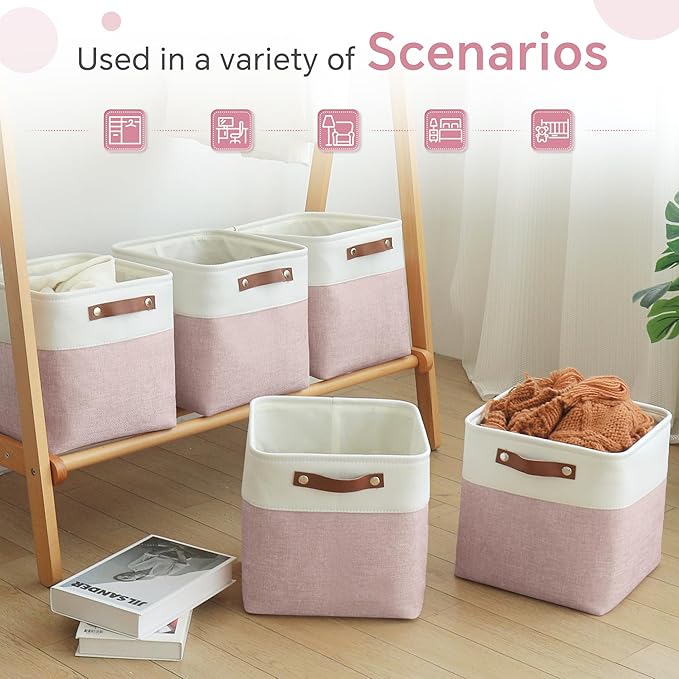 Cube Storage Baskets 6 Pack, 11x11 inch Cube Storage Bins with Leather Handles for Shelf Closet (White/ Pink)
