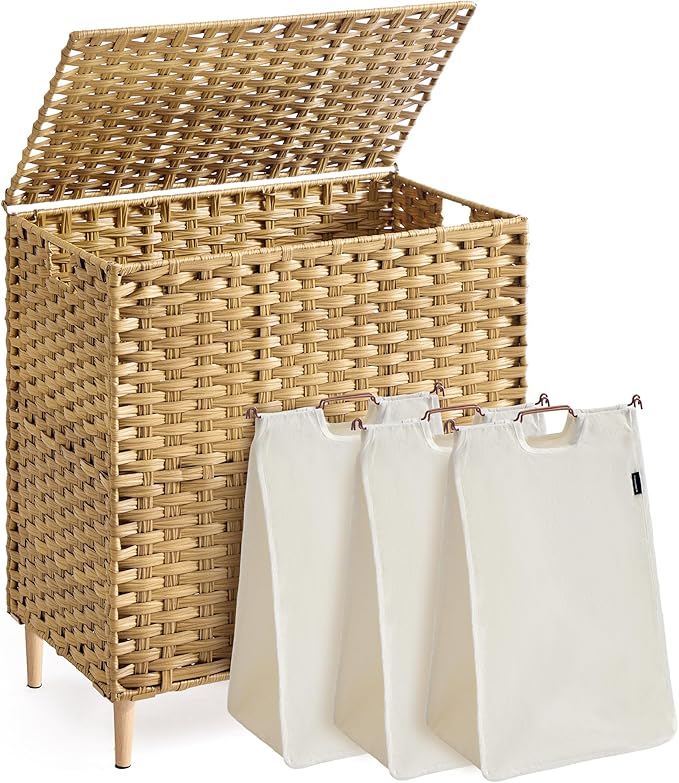 SONGMICS Laundry Hamper with Lid, 42.2 Gal. (160 L) PE Rattan Laundry Basket with Lid and Handles, Natural Material,Removable Machine Washable Liner, Goose Yellow ULCB223YE01