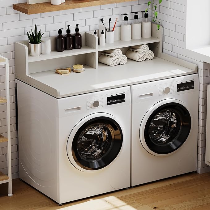ChooChoo 2-Tier Washer Dryer Countertop with Adjustable Shelf, Spacious Laundry Room Storage for Folding Clothes and Efficient Organization, White