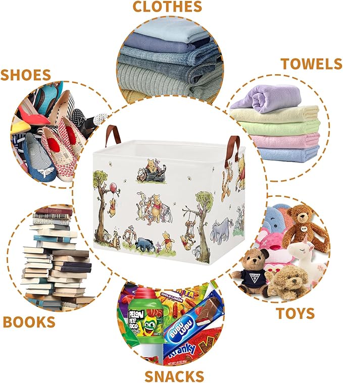 Cute Bear Nursery Storage Basket With Hard Bottom,Classic Bear Decorative Storage Hamper With Waterproof PE Coating,Large Square Canvas Cotton Laundry Bin for Baby Stuff,Diaper Bag
