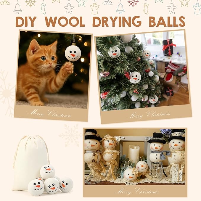 Jenaai 6 Pcs Wool Dryer Balls Bulk Cute Organic XL Wool Dryer Laundry Balls Natural Soft Fabric Softener Anti Static Fabric Softener Alternative for Laundry Clothes(Snowman Face)