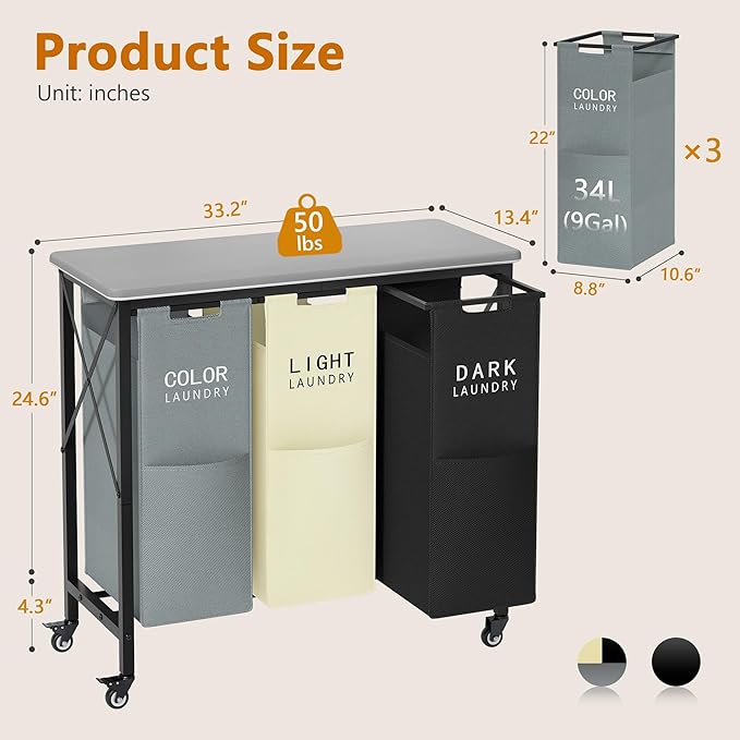 3 Section Laundry Sorter with Ironing Board, Laundry Hamper with Removable Bags, Heavy-Duty Rolling Laundry Cart with Lockable Wheels for Bathroom Bedroom